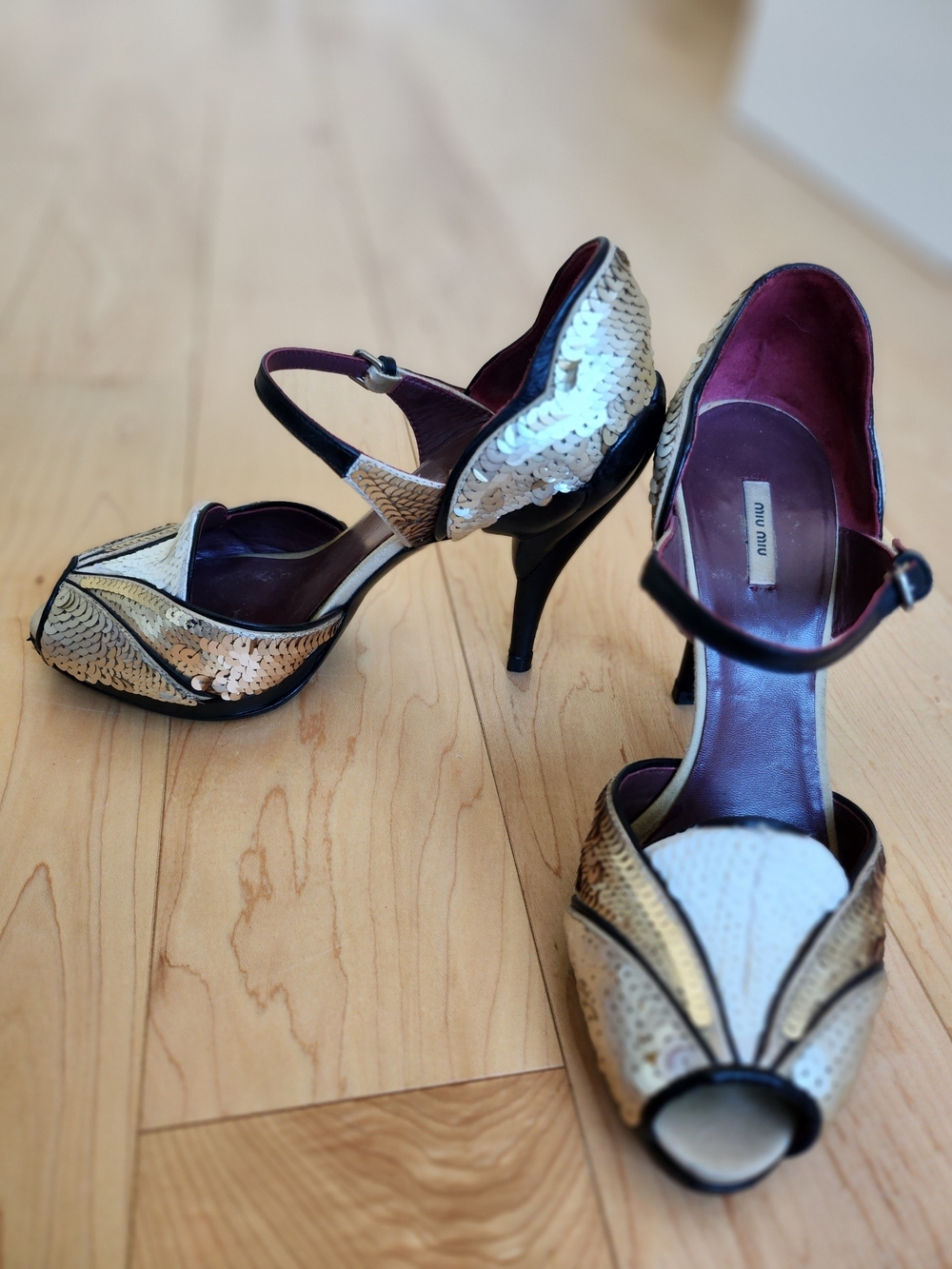 Vintage 50's Vibe Miu Miu Gold & White Sequin Peep-Toe Mary Jane Stiletto EU36.5 - Picture 4 of 9